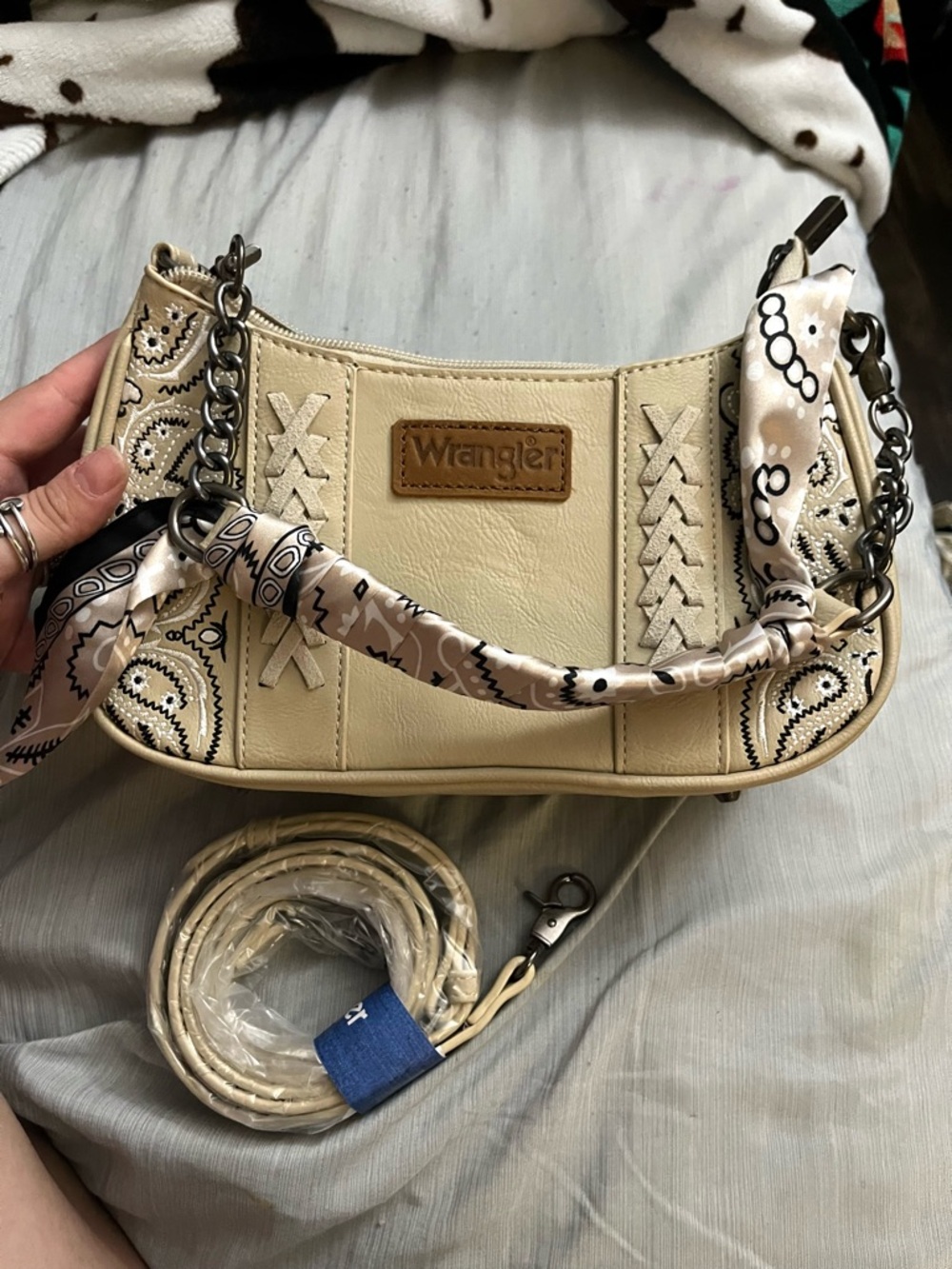 Wrangler Beige Embroidered Shoulder Bag with Chain Accent